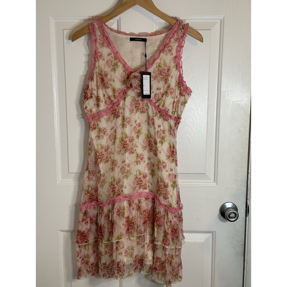 NWT Vertigo Ivory Pink Floral cottage Romantic Ruffle  sleeveless Dress Size 7
